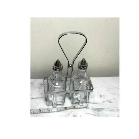 Vintage Oil & Vinegar Cruet Set with Metal Rack Glass Bottles Mid-Century Modern - Picture 6 of 7